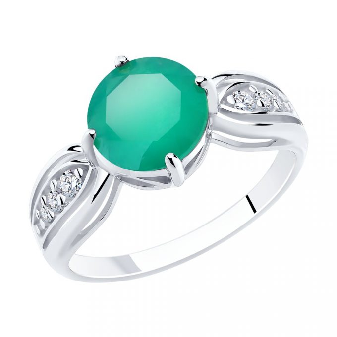 Кольцо из серебра с зеленым агатом и фианитами